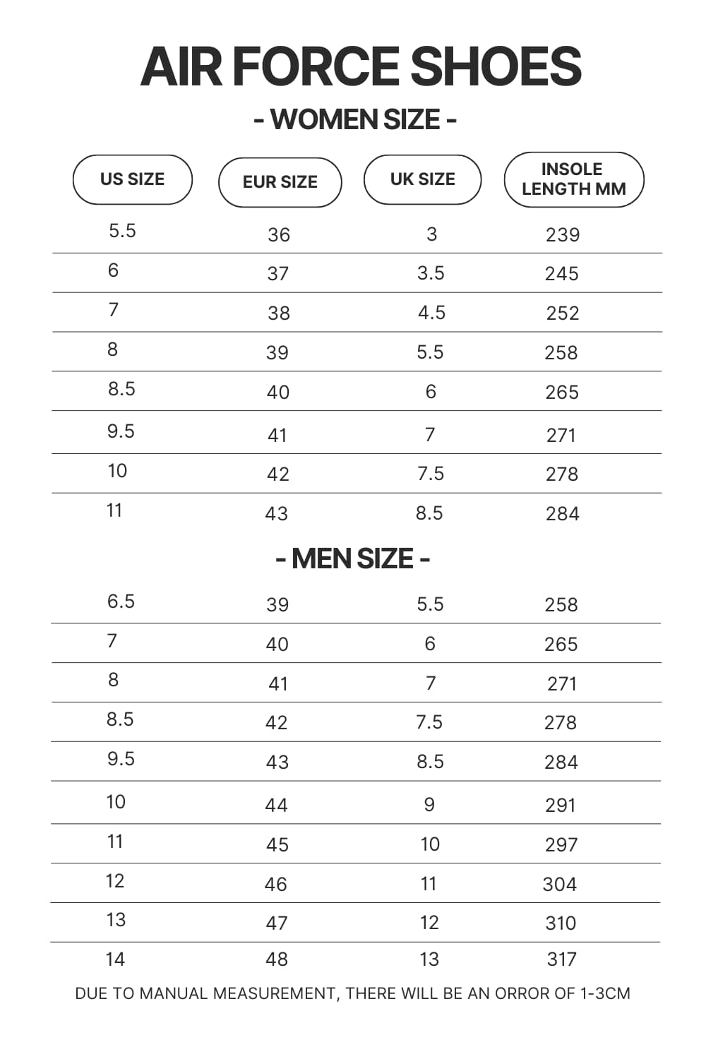 Air Force Shoes Size Chart - Studio Ghibli UK Shop